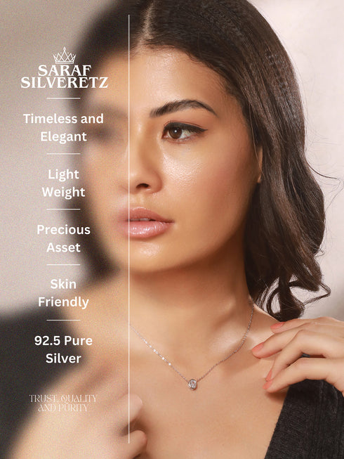 925 Sterlling Silver CZ Studded Oval AD Solitaire Pendant Necklace & Chain