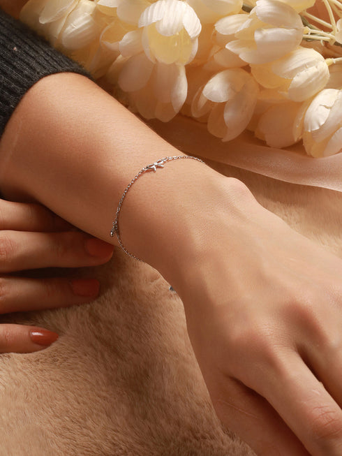 925 Sterling Silver Plated Bow Charms Link Adjustable Bracelet