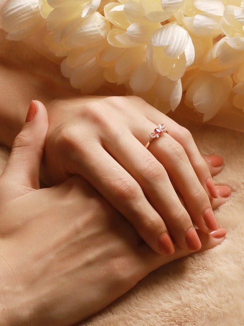 925 Sterling Silver Red Ruby Studded Rose gold Plated Cherry Bow Adjustable Finger Ring
