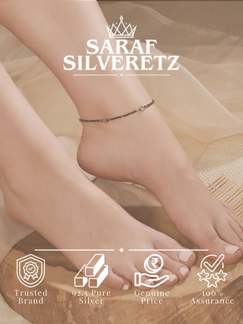 925 Sterling Silver Oxidised Charms Black Beads Flower Minimal Dailywear Anklet
