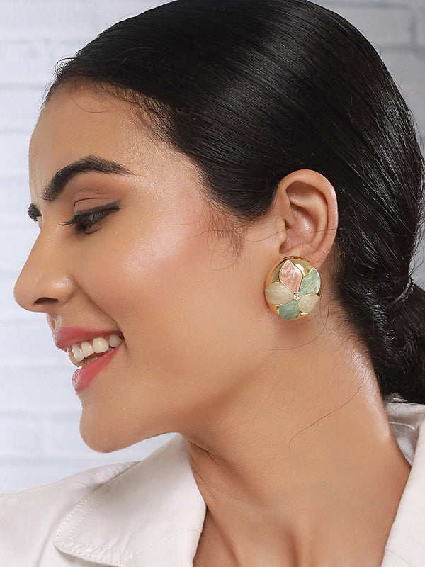 Anti-Tarnish 18k Gold Plated Floral Enamelled Large Circular Studds earrings