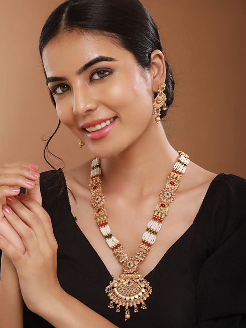 Gold Plated Fusion Stone Studded Filigree Long Maala Bridal Jewellery Set