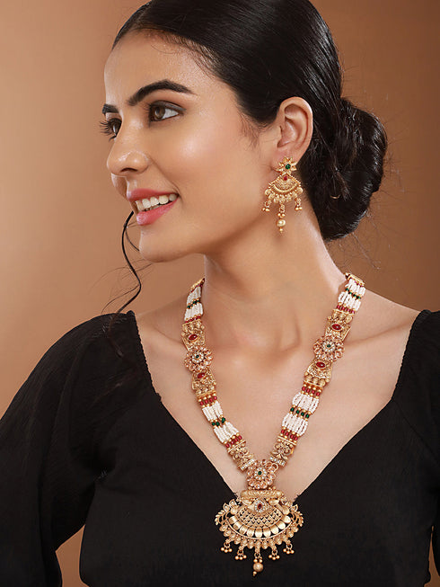 Gold Plated Fusion Stone Studded Filigree Long Maala Bridal Jewellery Set