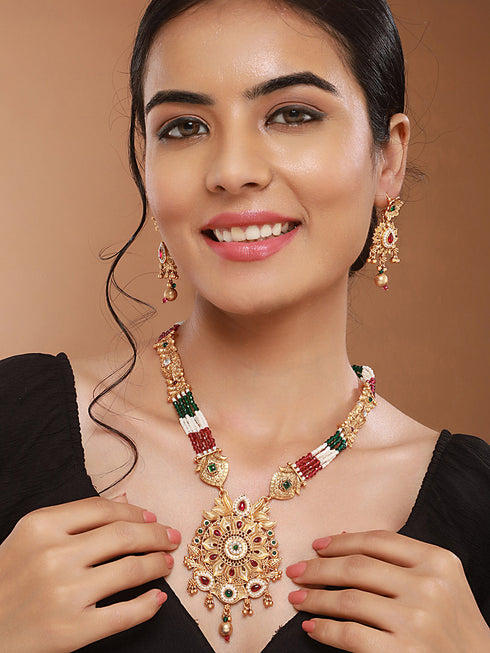 Gold Plated Fusion Stone Studded Pendant Long Maala Bridal Jewellery Set