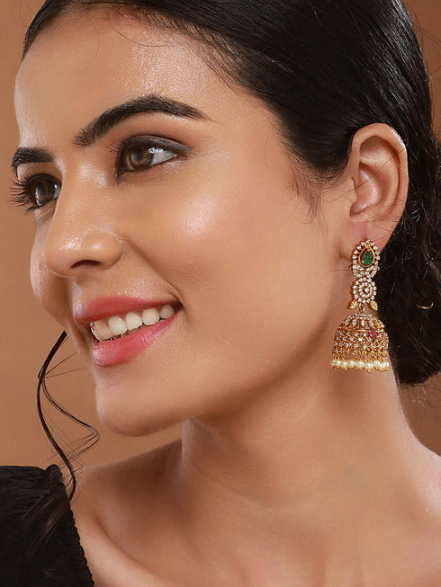 Gold Plated Green Zircon Studded Pearl Beaded Dangler Earrings