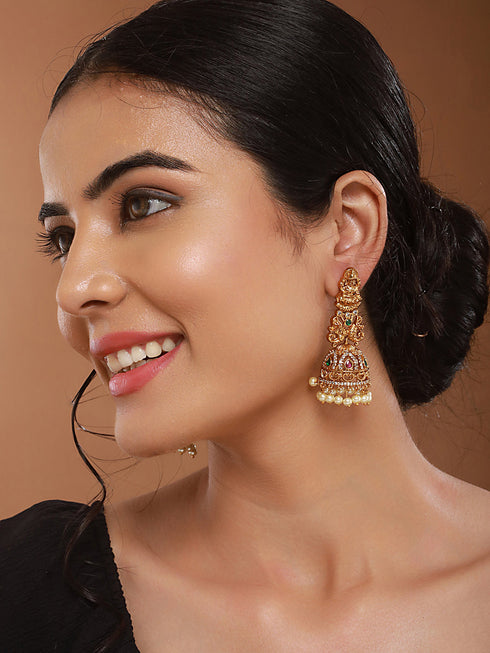 Gold Matt Polish Zircon Studded Lakshmiji Motif Designer Danggling Earring