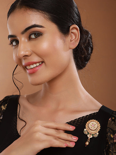 Gold Plated Kundan & Pearl Beaded Floral Broach Saree Pin