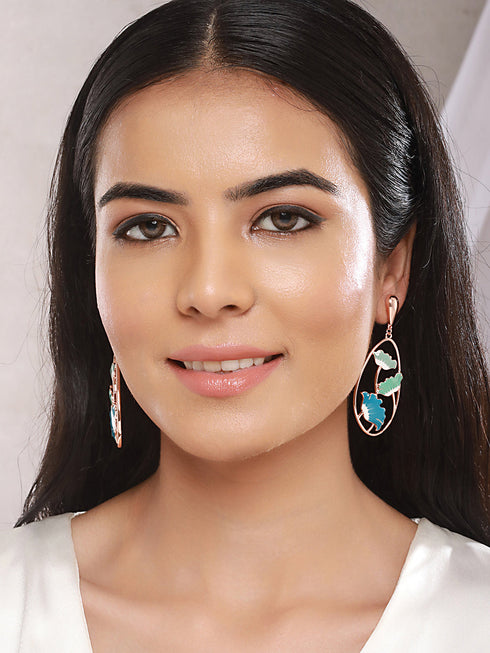 Anti-Tarnish Gold Plated Blue Enamelled Floral Statement Luxe Drop Earrings