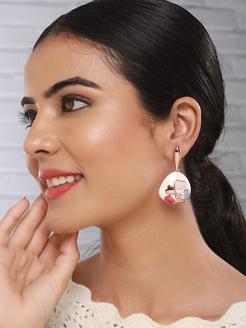 Anti-Tarnish 18k Gold Plated Off White Enamelled Floral Statement Dangler Earrings