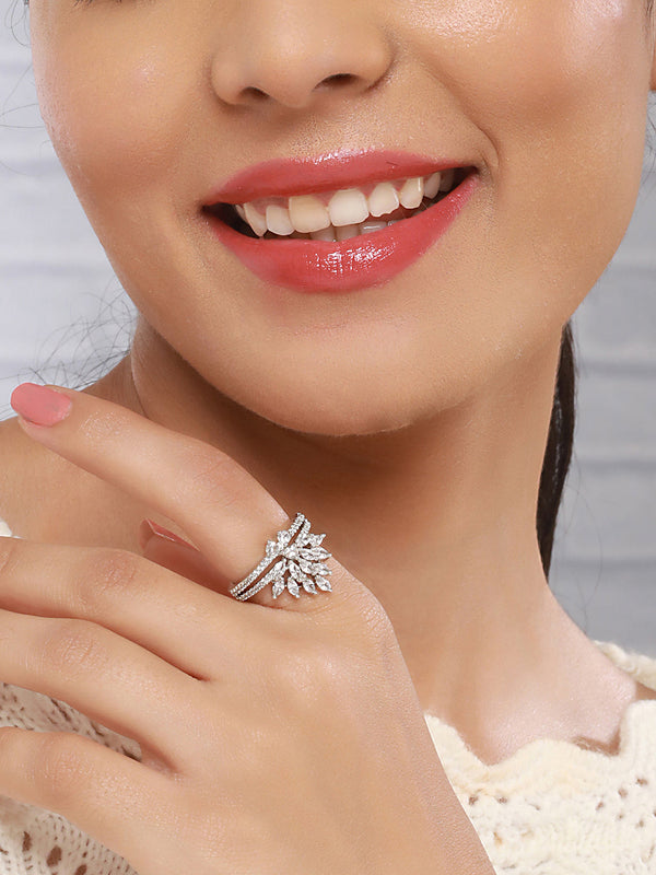 Silver Plated AD Studded Crown Shaped Designer Engagement Finger Ring