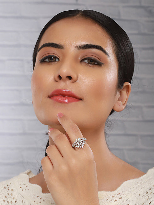 Silver Plated AD Studded Crown Shaped Designer Engagement Finger Ring