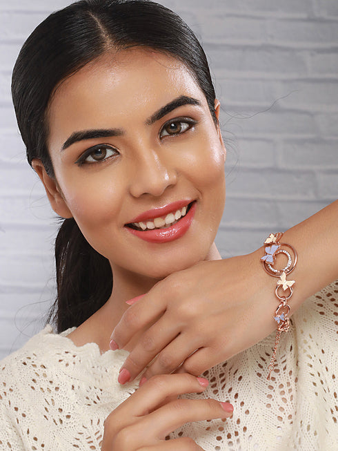 Anti-Tarnish Rose Gold Plated Halo Butterfly Charm Link Bracelet