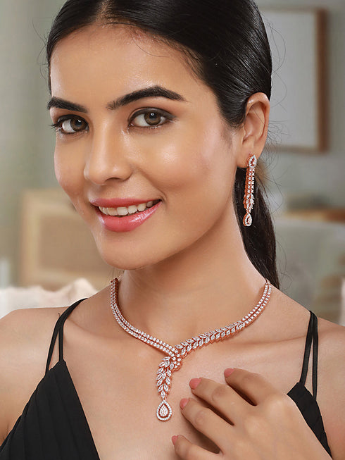 Rose Gold Plated Zircon Studded Luxe Pendant Necklace jewellery Set