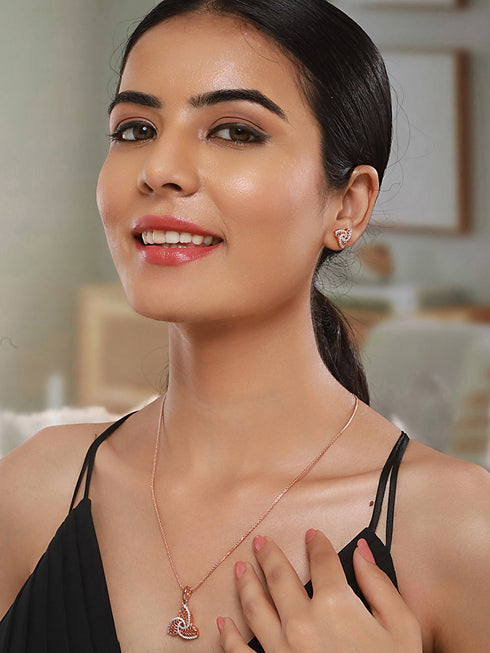 Rose Gold Plated AD Studded Minimal Leafy Locket Jewellery Set