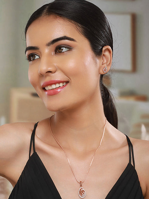 Rose Gold Plated AD Studded Minimal Locket Jewellery Set