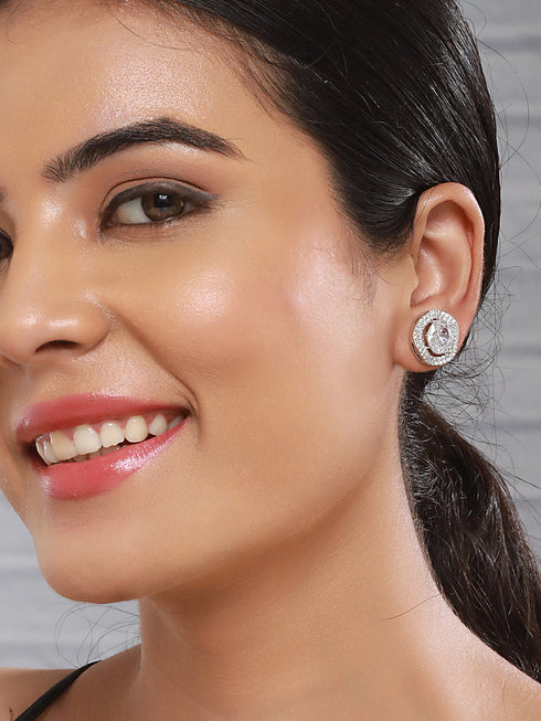 Silver Plated AD Studded Luxe Solitaire Studds Earrings