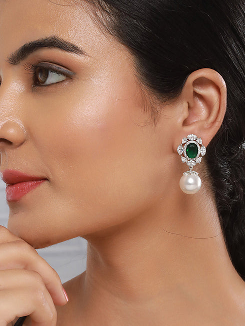 Silver Plated Emerald Green AD Studded Pearl Beaded Luxe Studds Earring