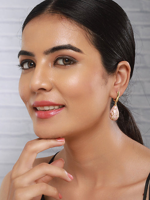 Anti-Tarnish 18 K Gold Plated & Enamelled Tear Shaped Floral Hoop Earrings