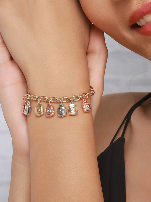 Anti-Tarnish Gold Plated Engraved Lock Charms Allover Wraparound Bracelet