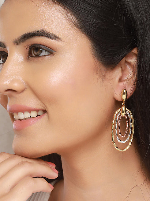 Anti-Tarnish 3 Toned Twisted Elliptical Concentric Ring Hoop Earrings