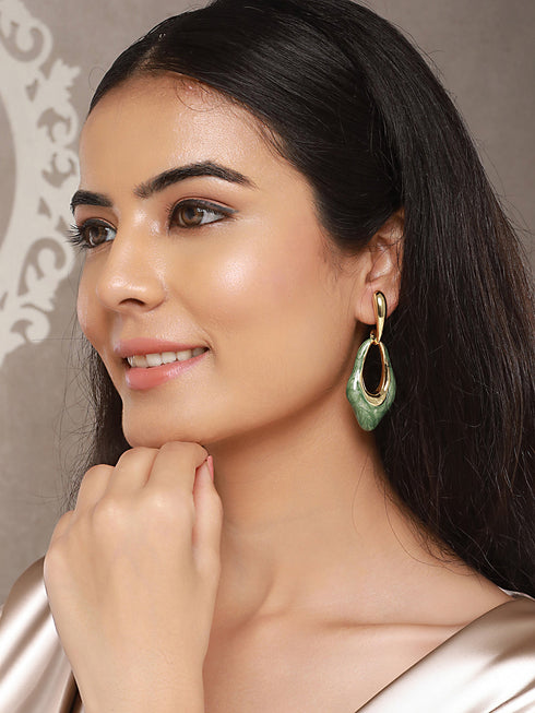 Anti-Tarnish 18k Gold Plated & Emarald Enamelled Hollow Drop Contemporary Earrings