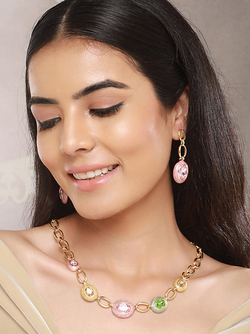 Anti-Tarnish Gold Plated Crystal Studded Link Chain Necklace jewellery Set