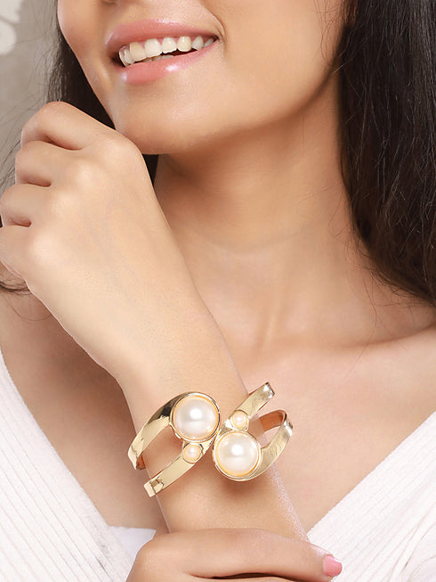Anti-Tarnish 18k Gold Plated Pearl Studded Cuff Bangle Bracelet