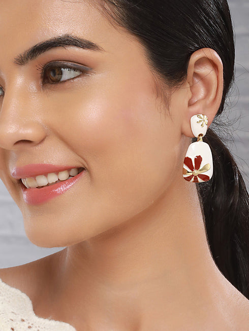 Anti-Tarnish Gold Plated & Enamelled Leaf Design Luxe Drop Earrings