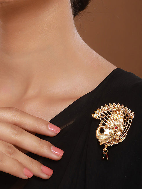 Gold Plated Peacock Floral Broach Saree Pin