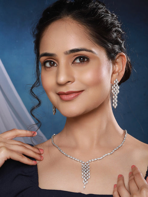Silver Toned Ad Studded Quirky Drop Designer Wedding Partywear Jewellery Set