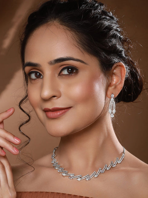 Silver Toned Zircon Studded Leaf Shaped Delicate Designer Necklace jewellerySet