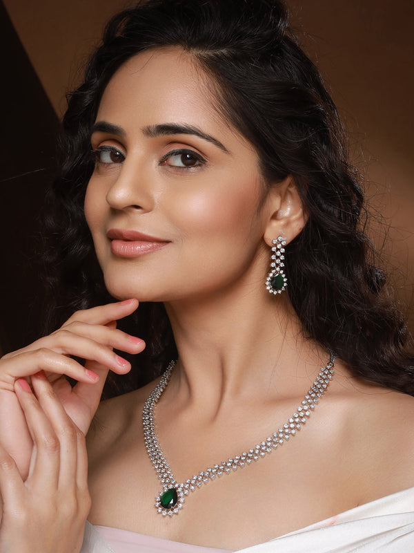 Silver Plated Emerald Green Zircon AD Studded Delicate Partywear Necklace Jewellery Set