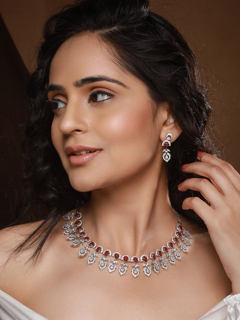 Silver Plated Ruby Red AD Studded Elegant Floral Designer Delicate Choker Jewellery Set