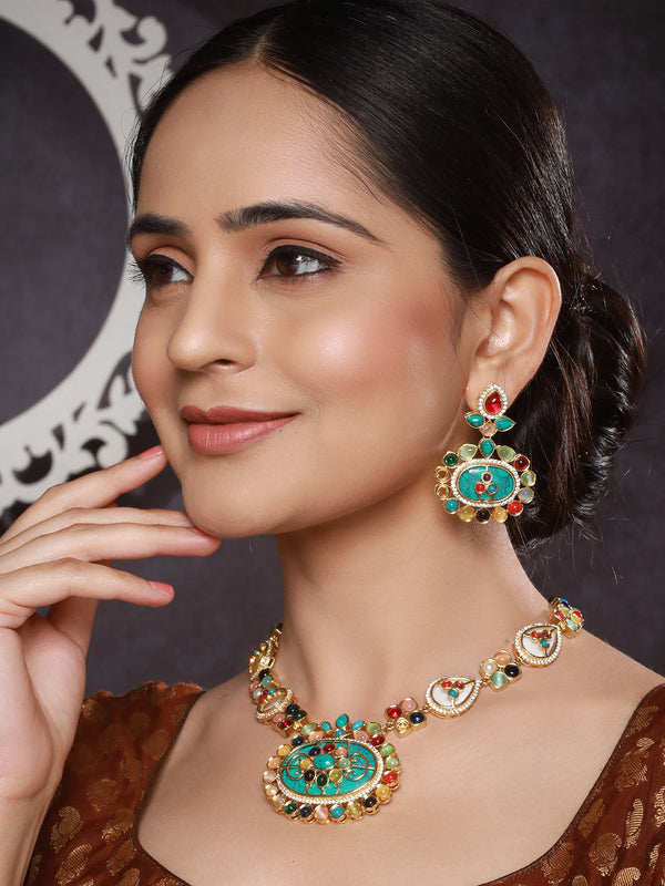 Gold plated Turquoise Blue Nav Ratan Kundan Floral Raanihaar Jewellery Set