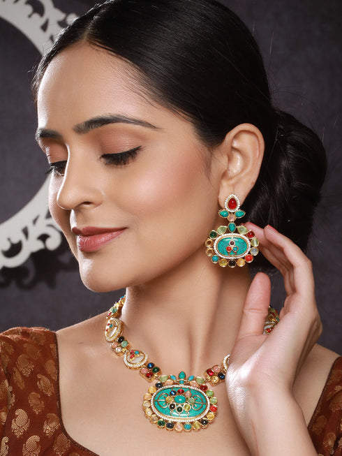 Gold plated Multicoloured Stones Studded Floral Double Layered Necklace Jewellery Set