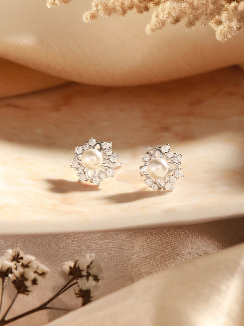 925 Sterling Silver Zircon Studded Faux Pearls Flower Studds Earrings