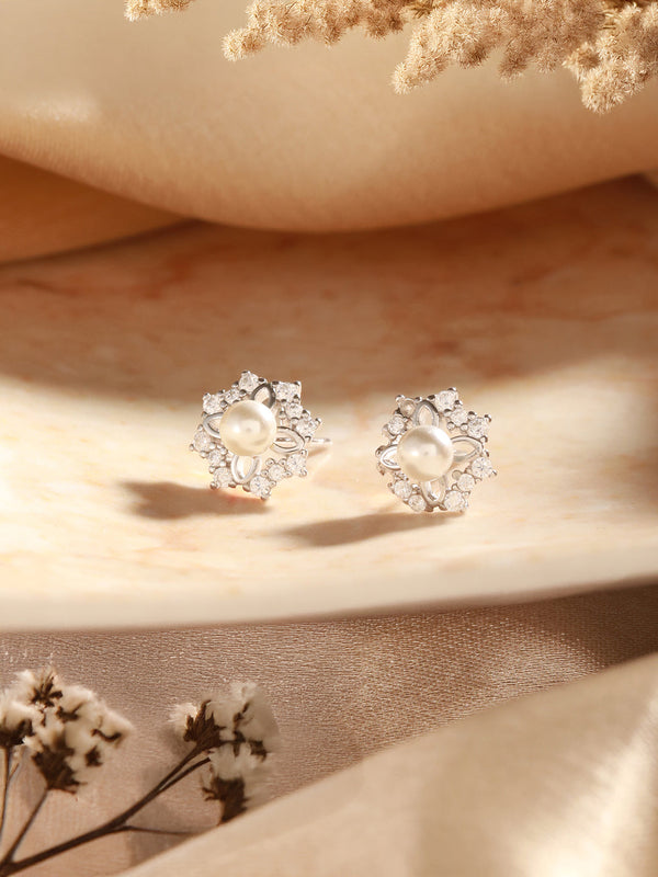 925 Sterling Silver Zircon Studded Faux Pearls Flower Studds Earrings