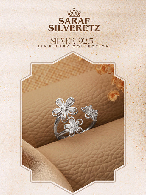 925 Sterling Silver AD Studded Garden Flowers Proposal Adjustable Finger Rings