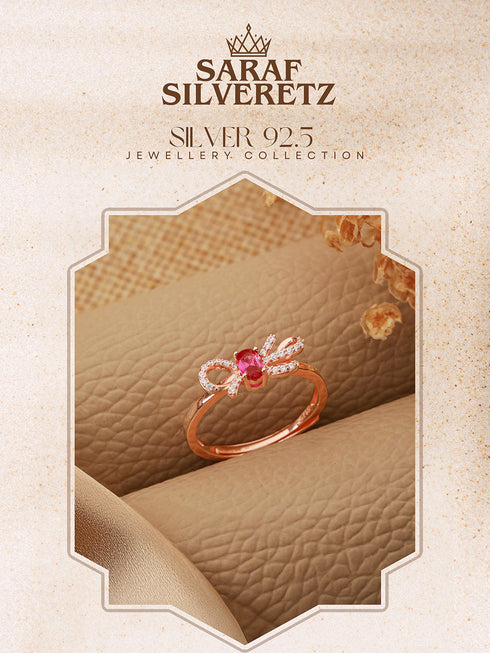 925 Sterling Silver Red Ruby Studded Rose gold Plated Cherry Bow Adjustable Finger Ring