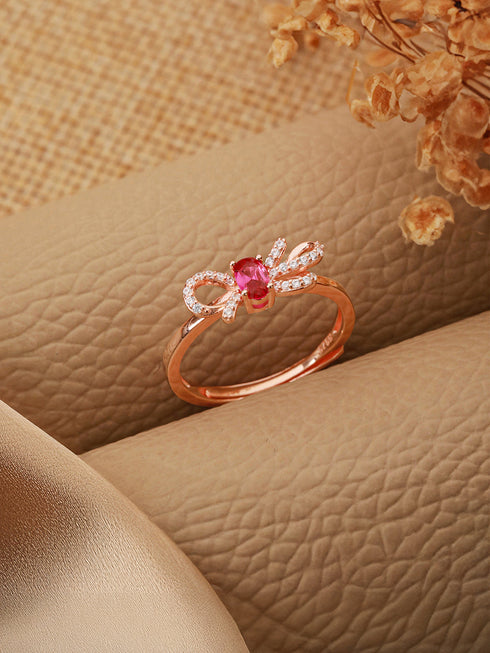 925 Sterling Silver Red Ruby Studded Rose gold Plated Cherry Bow Adjustable Finger Ring