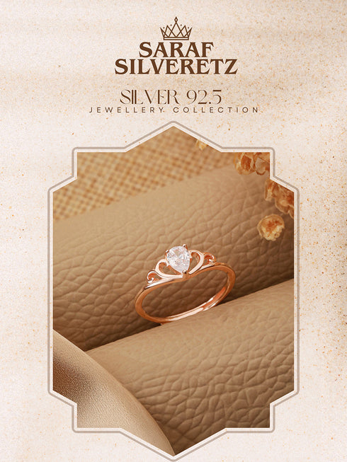 925 Sterling Silver Rose Gold Plated AD Studded Minimal Crown Finger Ring