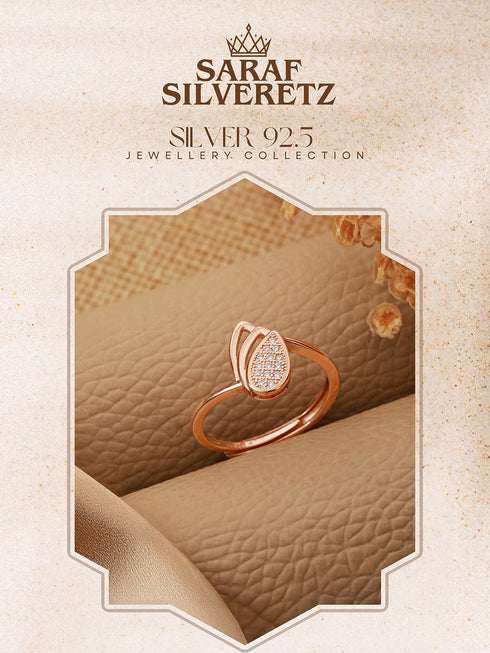 925 Sterling Silver Rose Gold Plated AD Studded Leaf Shaped Proposal Adjustable Finger Ring