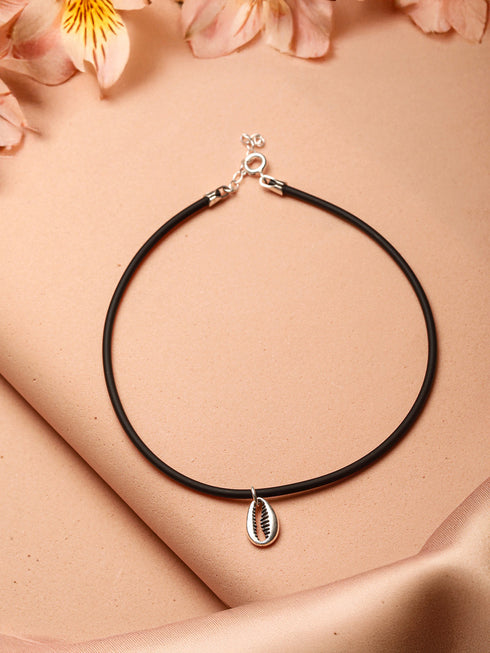 925 Sterling SilverRhodium Silver Seashell Black Thread Minimal Anklet