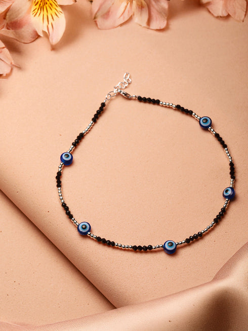 925 Sterling Silver Evil Eye Black Beads Minimal Dailywear Anklet