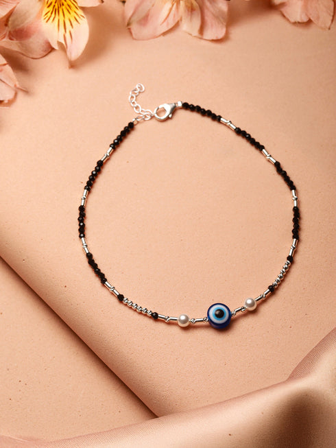 925 Sterling Silver Black Beads Beaded Delicate Minimal Charm Anklet