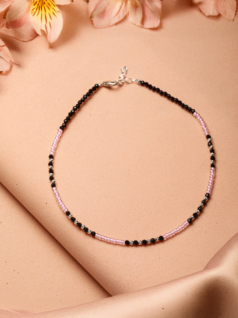 925 Sterling Silver Black & White Beads Designer Minimal Anklet