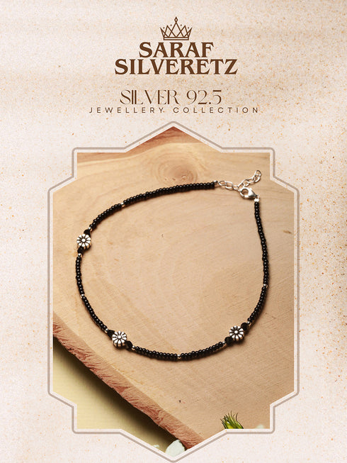 925 Sterling Silver Oxidised Charms Black Beads Flower Minimal Dailywear Anklet