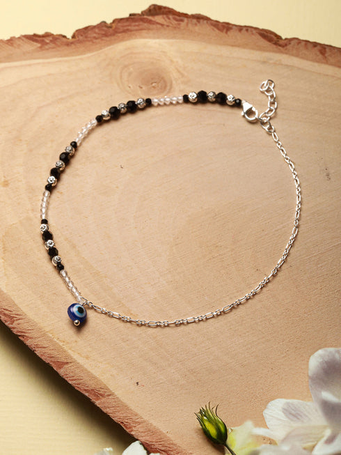 925 Sterling Silver Black Beads Trendy Minimal Evil Eye Charm Anklet