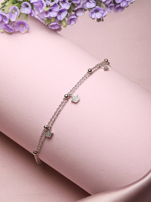 925 Sterling Silver Rhodium Plated AD Studded Sparkling Crown Link Charms Bracelet