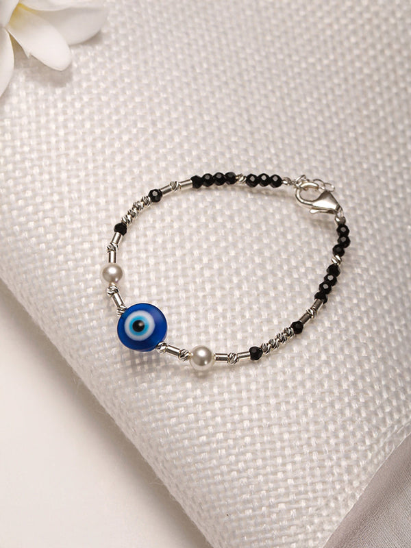 925 Unisex Evil Eye Baby Nazariya Bracelets With Black & Silver Beads Adjustable Bracelet